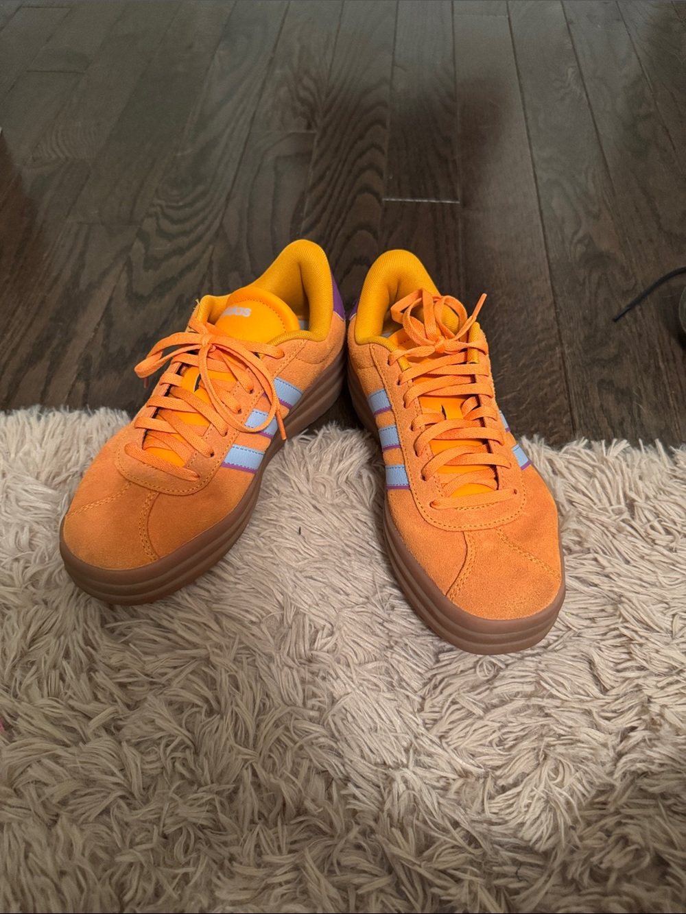 adidas Orange Suede Sneakers with Light Blue Stripes